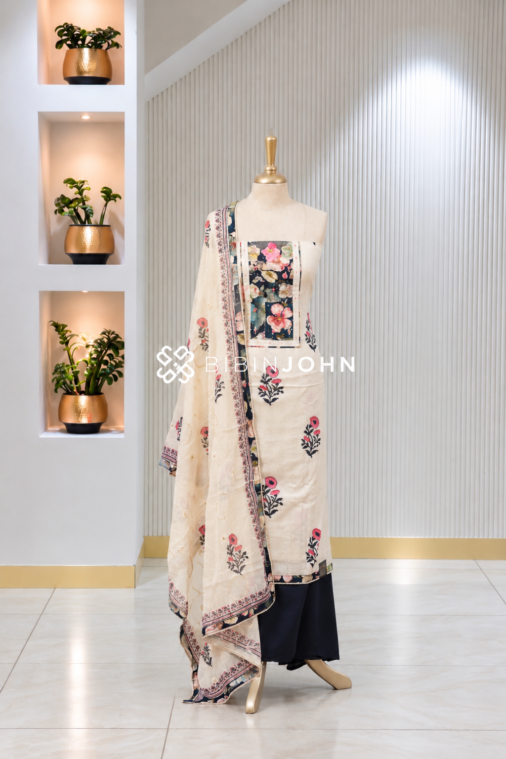 Cotton Embroidery Unstitched Salwar Suit Material Ivory Cream BJ2035