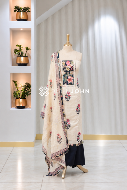 Cotton Embroidery Unstitched Salwar Suit Material Ivory Cream BJ2035