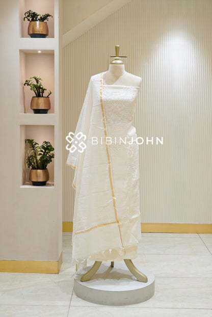 Chanderi Chikankari Unstitched Salwar Suit Material Ivory White BJ2825