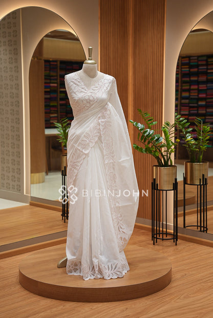 Cotta Embroidery Saree Ivory & Blush Pink BJ1053