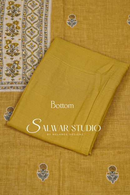 Linen Embroidery Unstitched Salwar Suit Dress Material Mustard Yellow AC0308