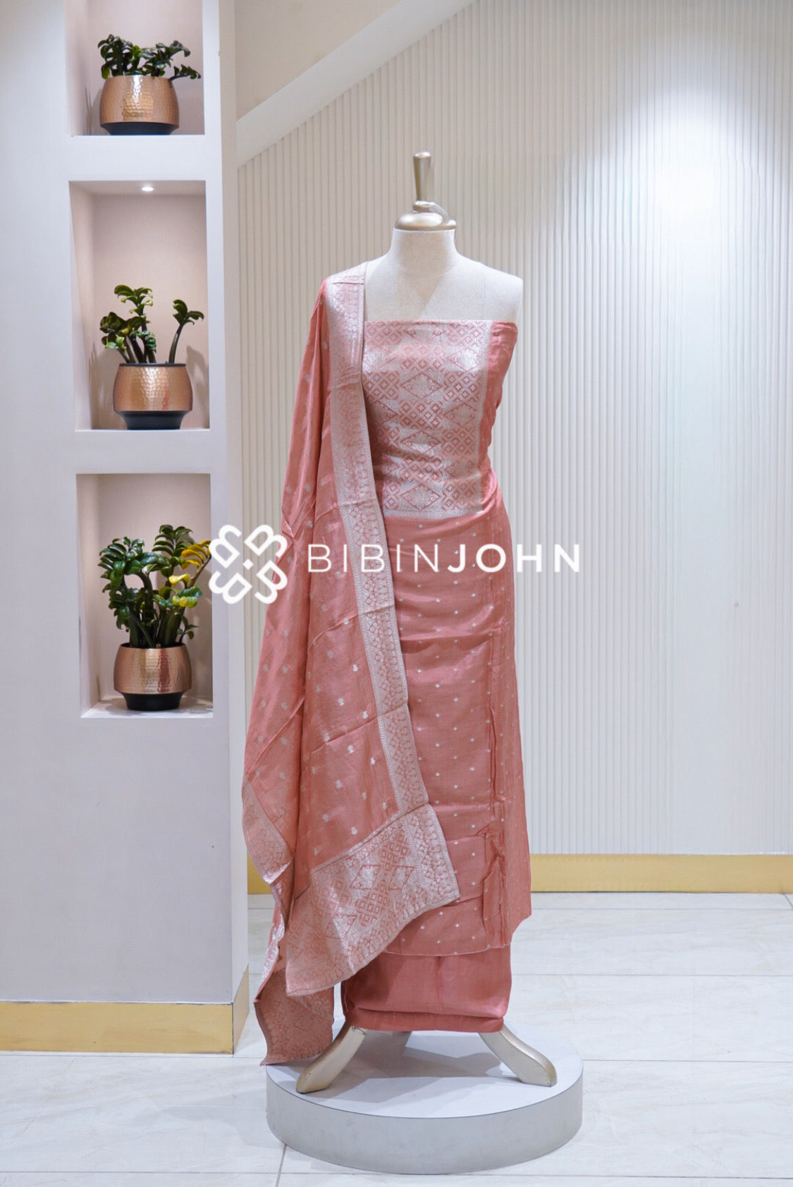Silk Banarasi Unstitched Salwar Suit Materials Peach Pink BJ1687
