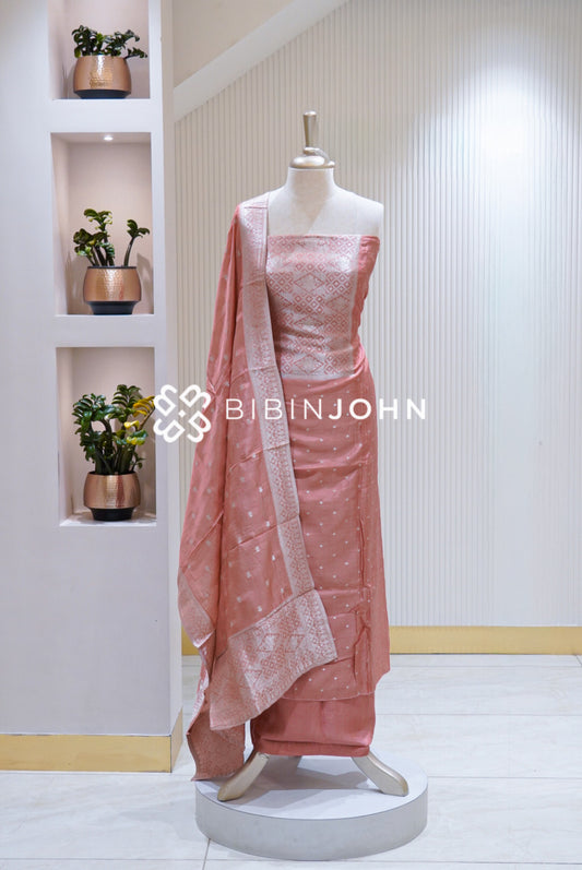 Silk Banarasi Unstitched Salwar Suit Materials Peach Pink BJ1687