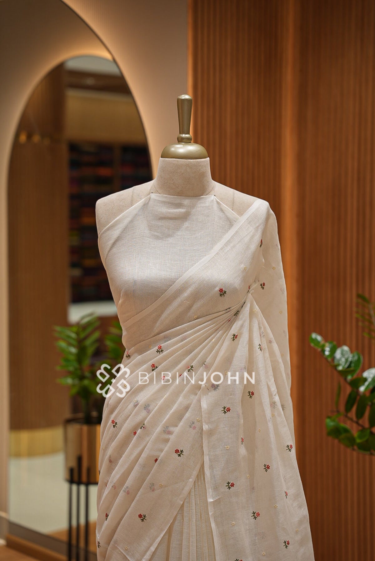 Linen Embroidery Saree Ivory-White BJ0943