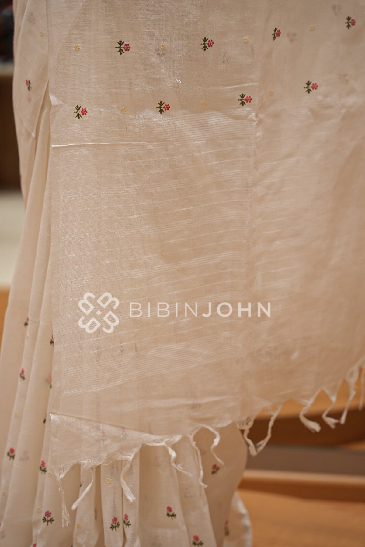 Linen Embroidery Saree Ivory-White BJ0945