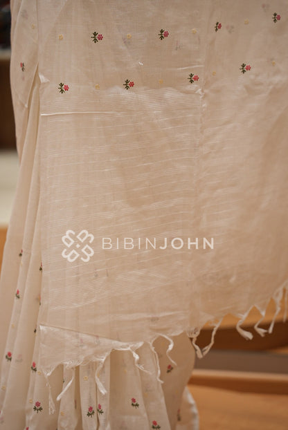 Linen Embroidery Saree Ivory-White BJ0945