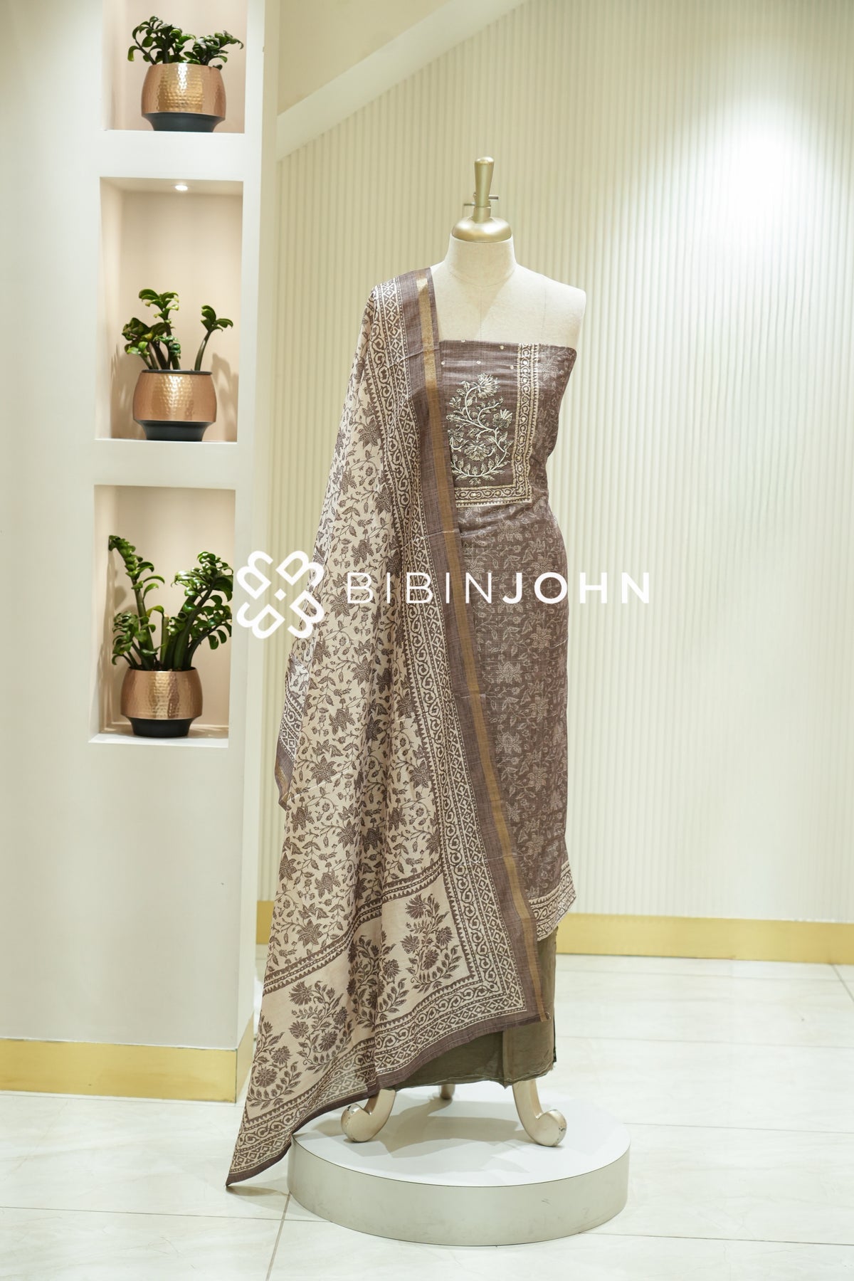 Semi Silk Embroidery Unstitched Salwar Suit Materials Mocha Brown BJ2206