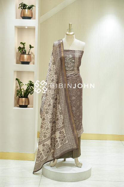 Semi Silk Embroidery Unstitched Salwar Suit Materials Mocha Brown BJ2206