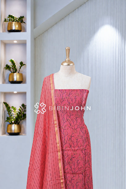 Printed Chanderi Unstitched Salwar Suit Material Coral Pink BJ1957