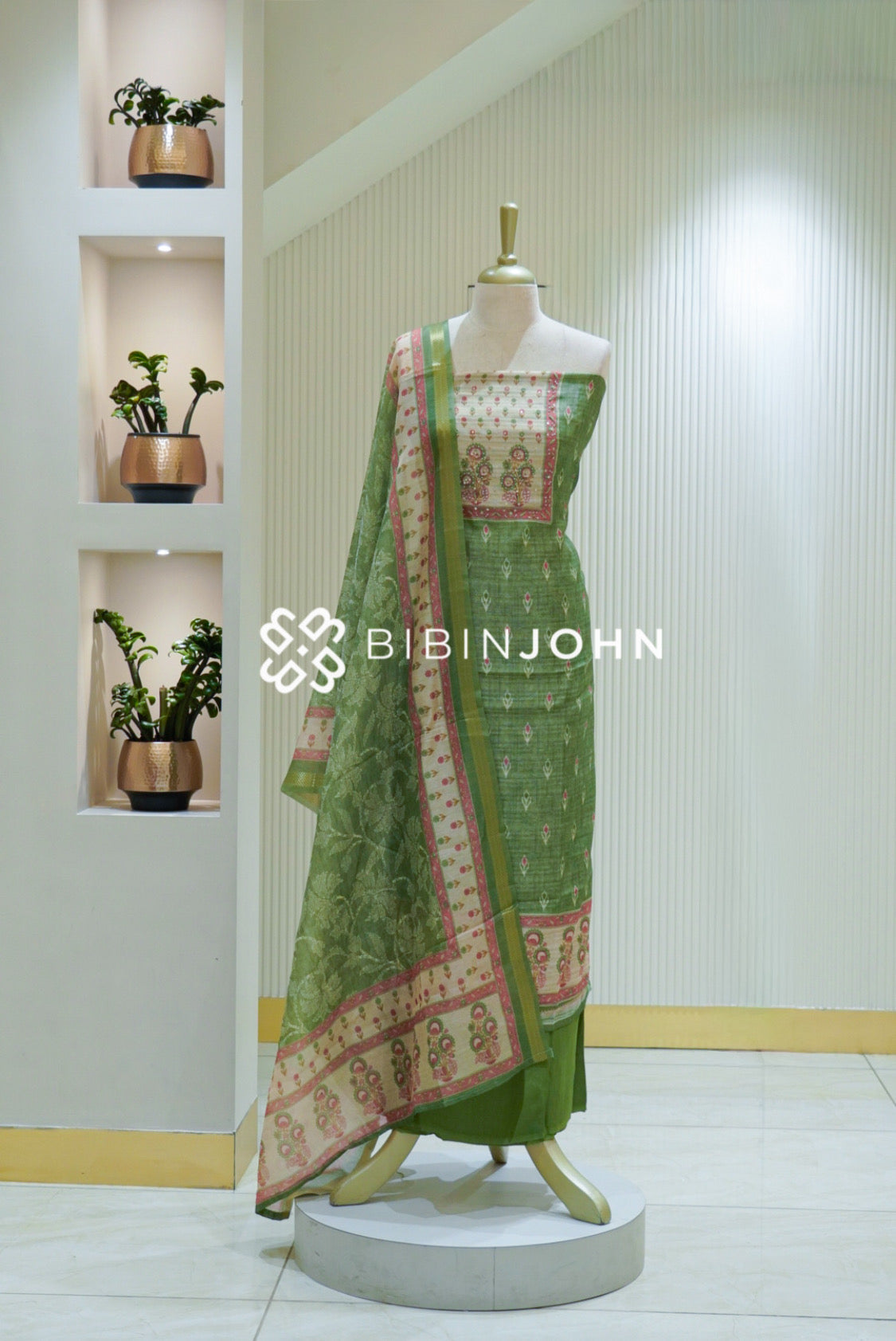 Semi Silk Embroidery Unstitched Salwar Suit Material Olive Green BJ2470