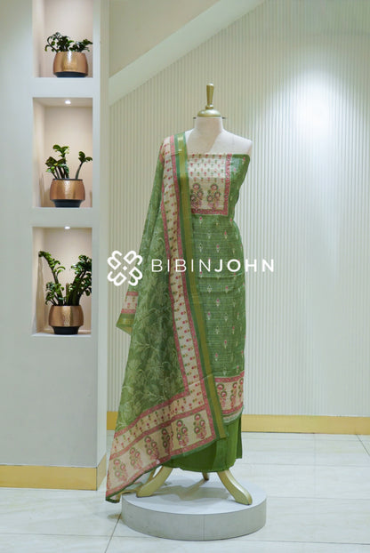 Semi Silk Embroidery Unstitched Salwar Suit Material Olive Green BJ2470
