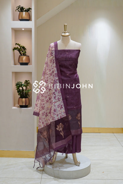Organza Unstitched Salwar Suits Material Deep Plum Purple With Dusty Pink BJ2756