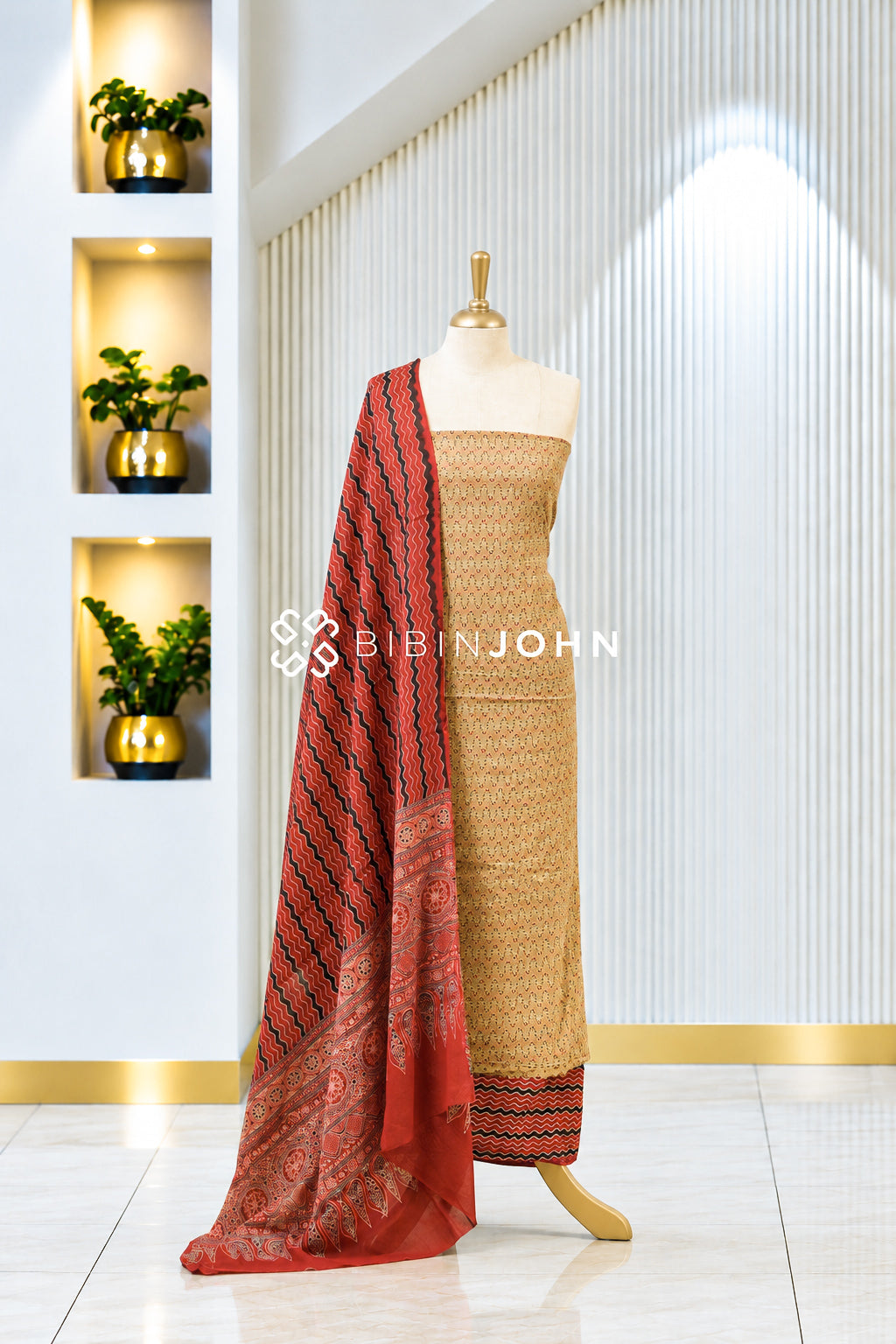 Printed Cotton Unstitched Salwar Suit Material Mustard Beige BJ1991