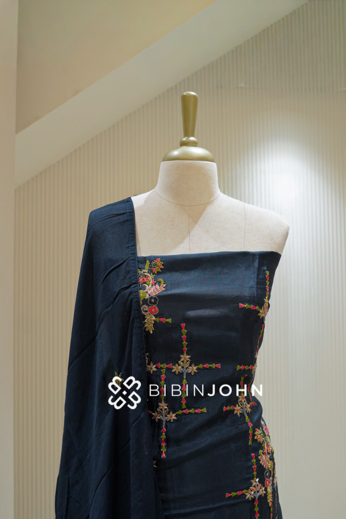 Semi Silk Embroidery Unstitched Salwar Suit Material Deep Navy Blue BJ2732