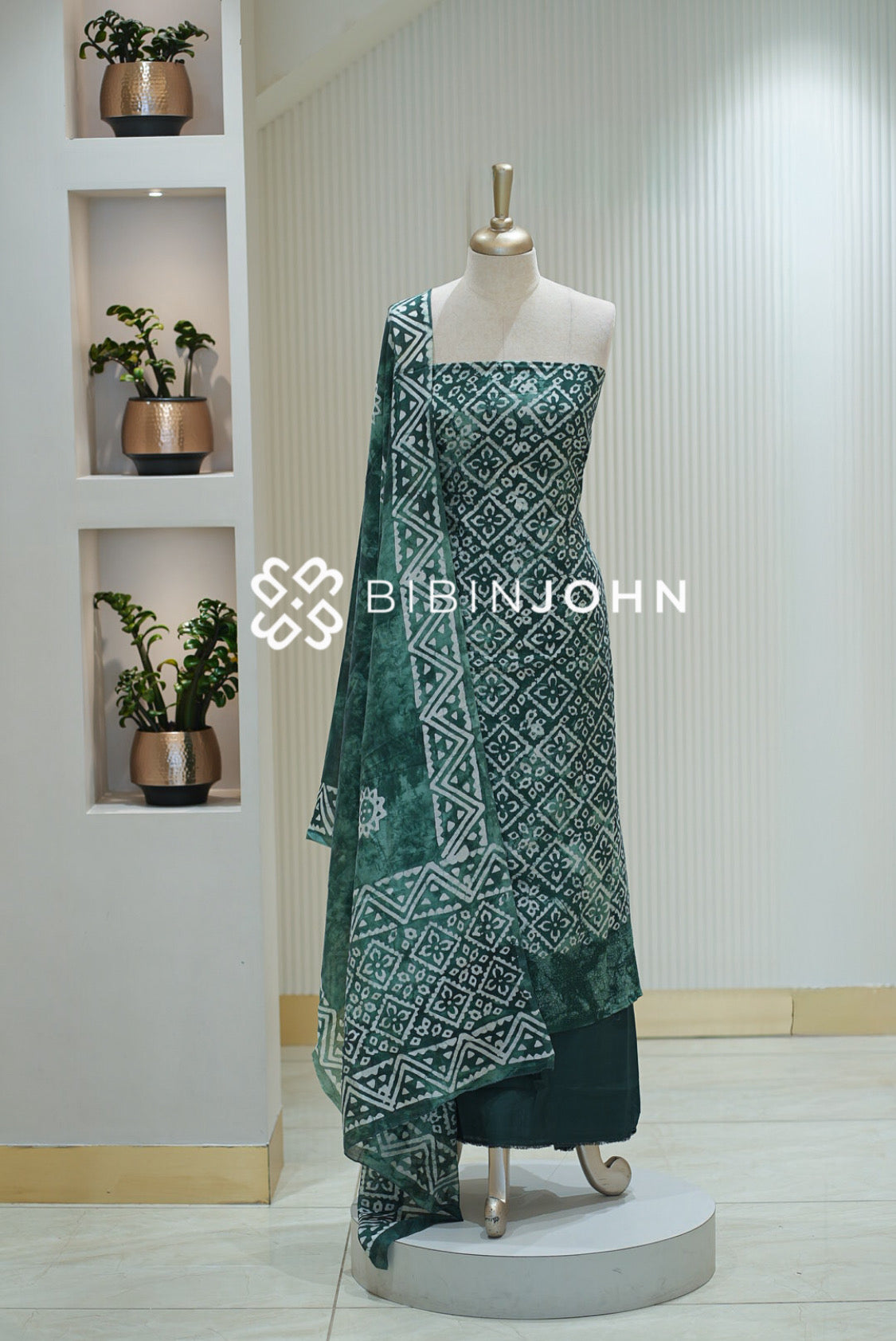 Batik Printed Chanderi Unstitched Salwar Suit Material Bottle Green BJ2306