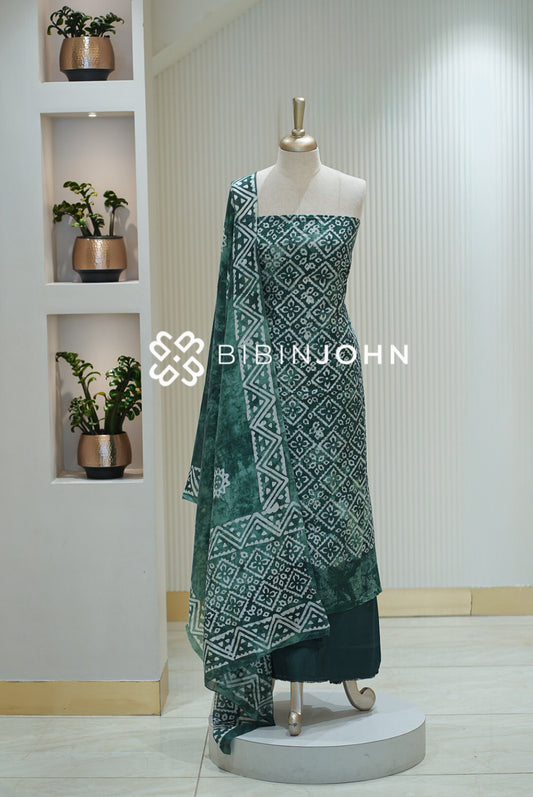 Batik Printed Chanderi Unstitched Salwar Suit Material Bottle Green BJ2306