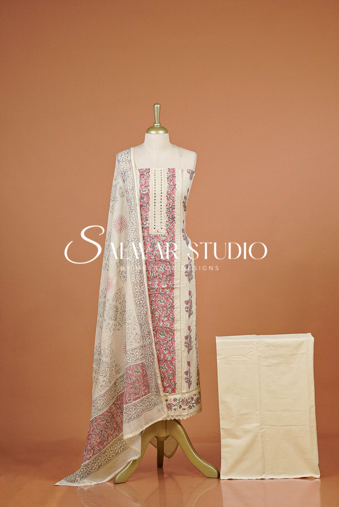 Embroidery Unstitched Salwar Suit Dress Material Off-White With Pink AC0315