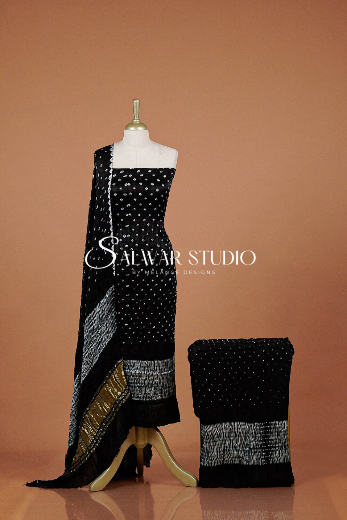 Pure Bandhani Unstitched Salwar Suit Dress Material Black AC0310