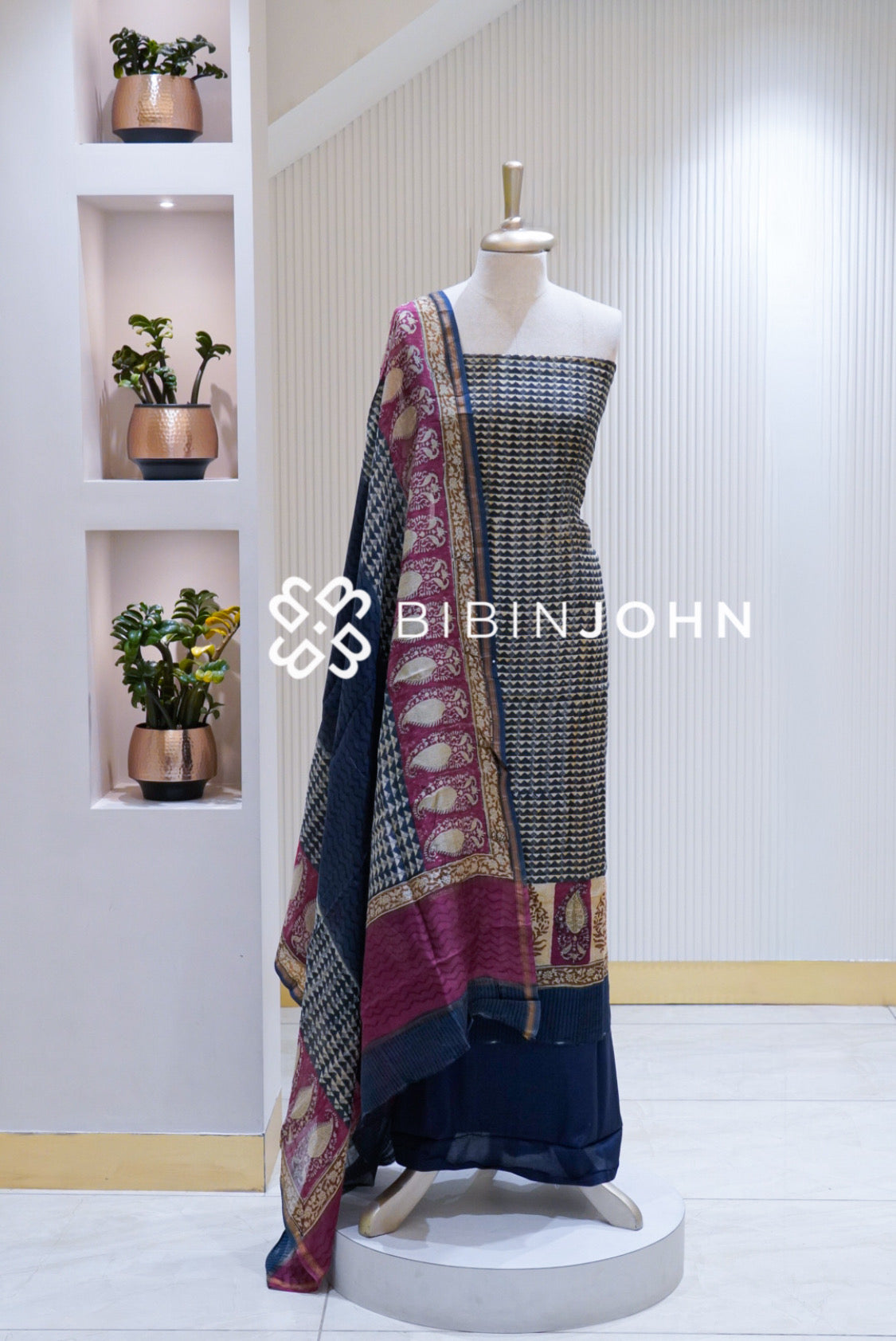 Printed Chanderi Unstitched Salwar Suit Material Navy Blue BJ1696