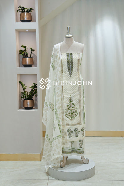 Cotton Hakoba Unstitched Salwar Suit Material Ivory White BJ2286