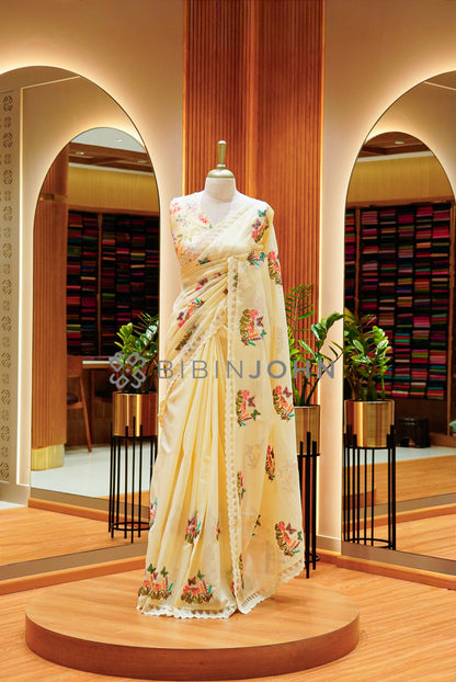 Cotta Embroidery Saree For Women Pale Yellow