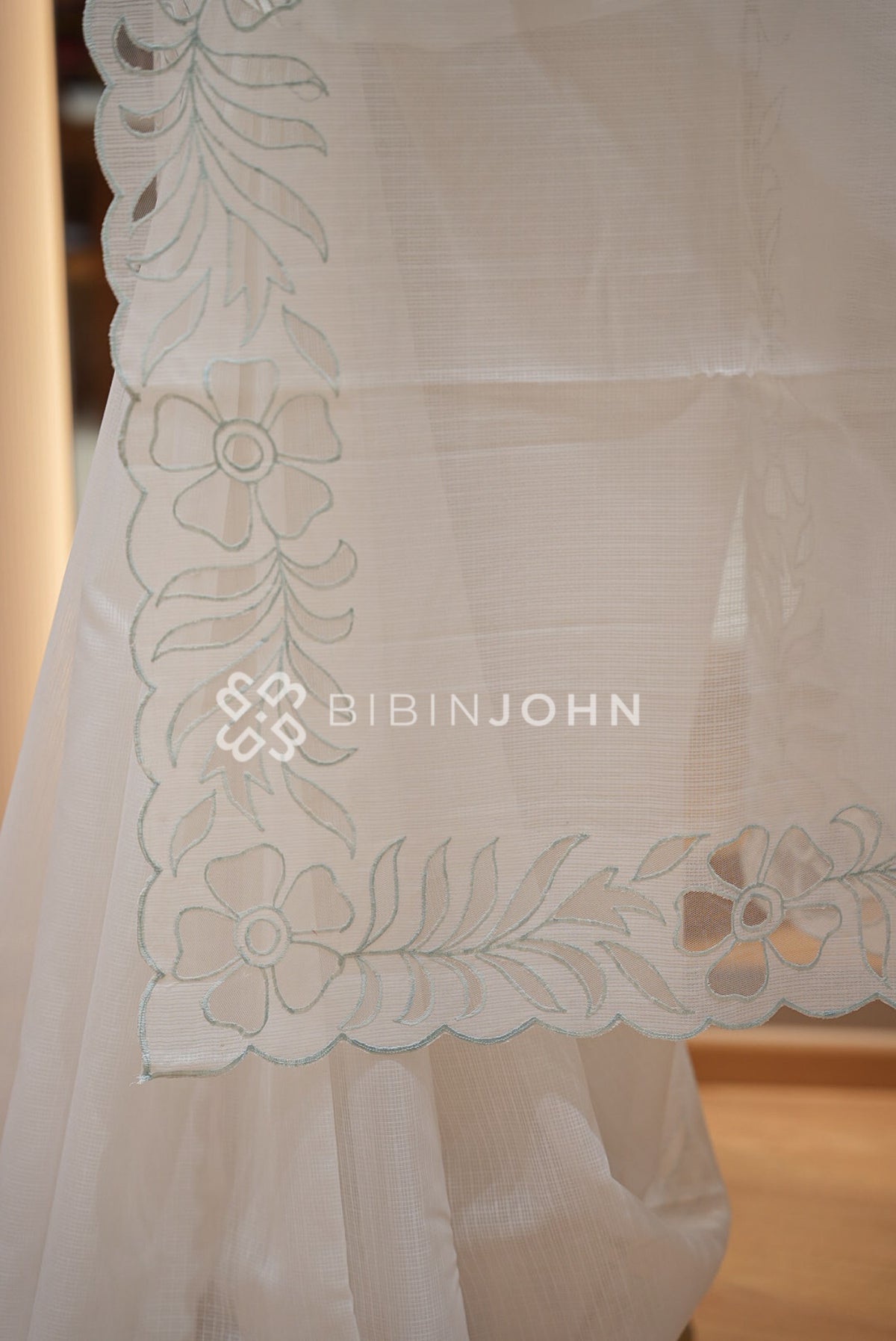 Cotta Embroidery Saree Ivory & Powder Blue BJ1052