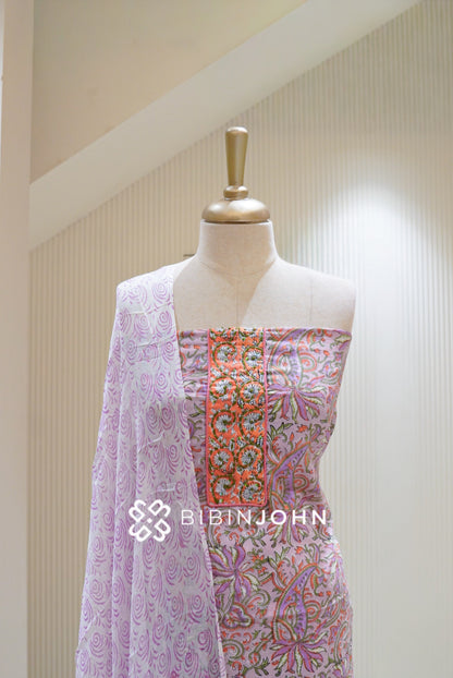 Cotton Embroidery Unstitched Salwar Suit Material Ivory White With Lavender Purple BJ2737