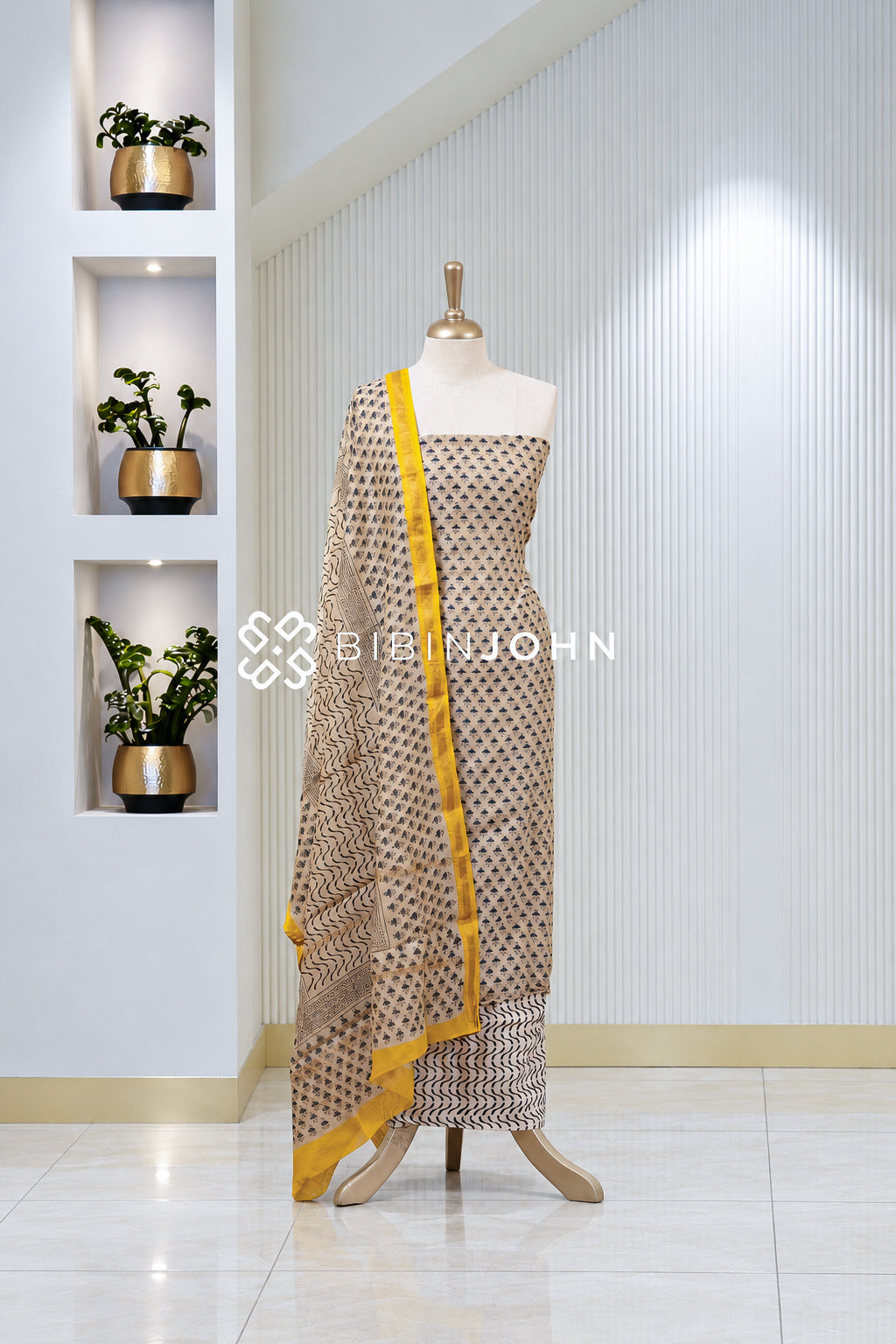 Printed Chanderi Unstitched Salwar Suit  Material Beige With Navy Blue BJ1833