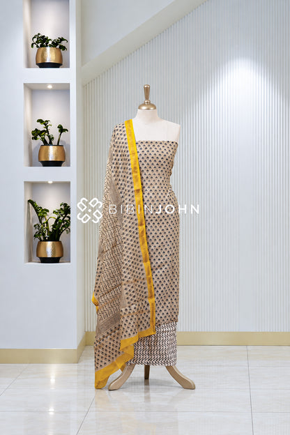 Printed Chanderi Unstitched Salwar Suit  Material Beige With Navy Blue BJ1833