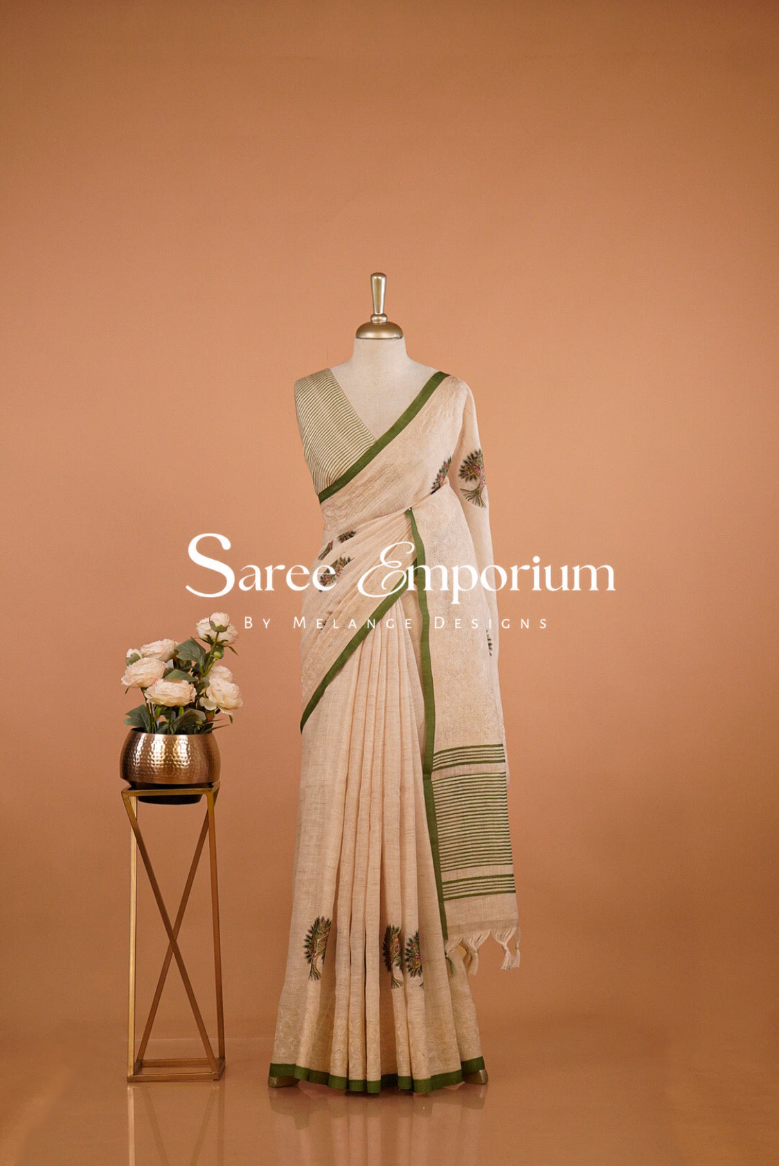Art Linen Embroidery Saree For Women Beige & Green BJ0570