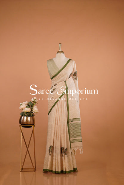 Art Linen Embroidery Saree For Women Beige & Green BJ0570