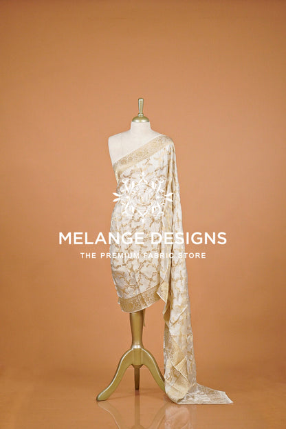 Banarasi Satin Organza Dupatta For Women White with Antique Gold  BJ0090