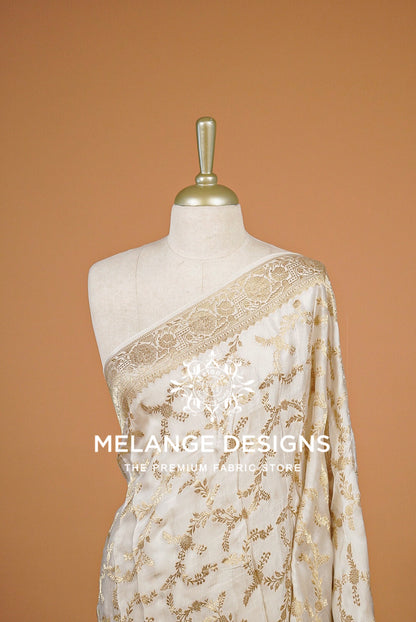 Banarasi Satin Organza Dupatta For Women White with Antique Gold  BJ0090