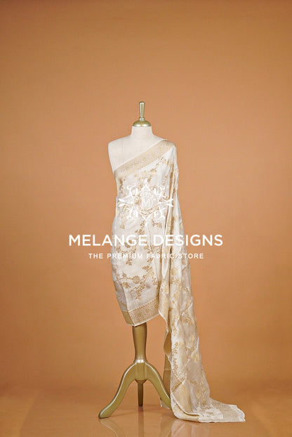 Banarasi Satin Organza Dupatta For Women White with Antique Gold  BJ0092