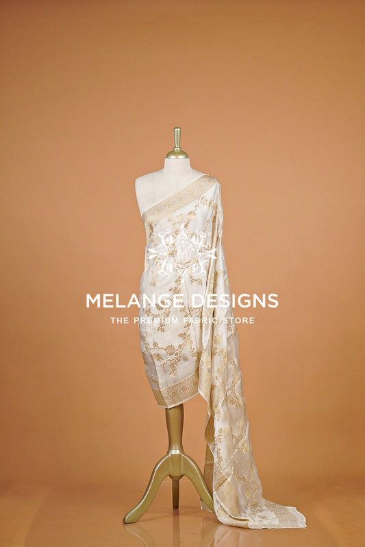 Banarasi Satin Organza Dupatta For Women White with Antique Gold  BJ0092