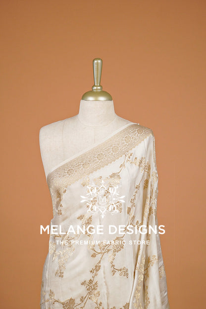 Banarasi Satin Organza Dupatta For Women White with Antique Gold  BJ0092