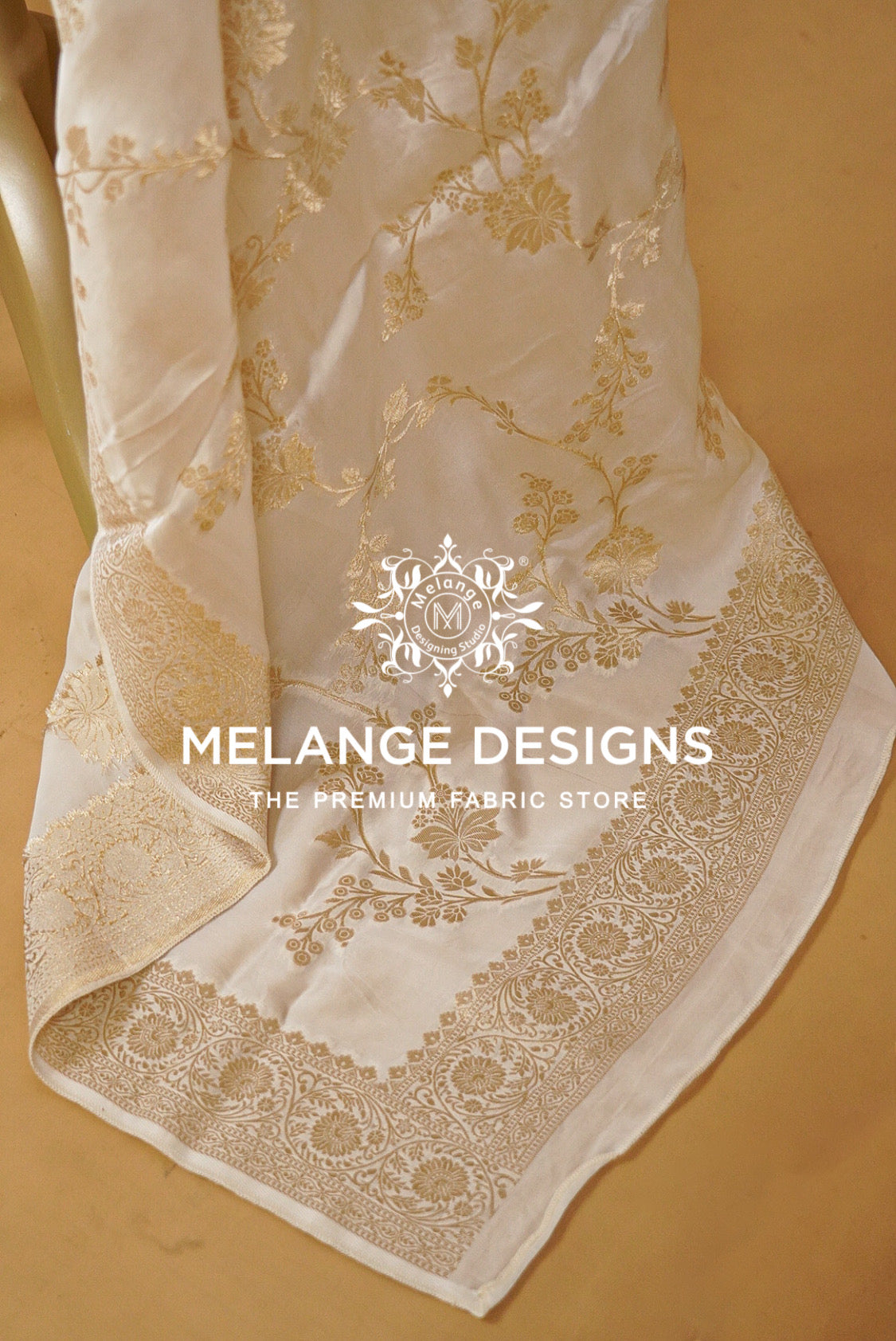 Banarasi Satin Organza Dupatta For Women White with Antique Gold  BJ0092
