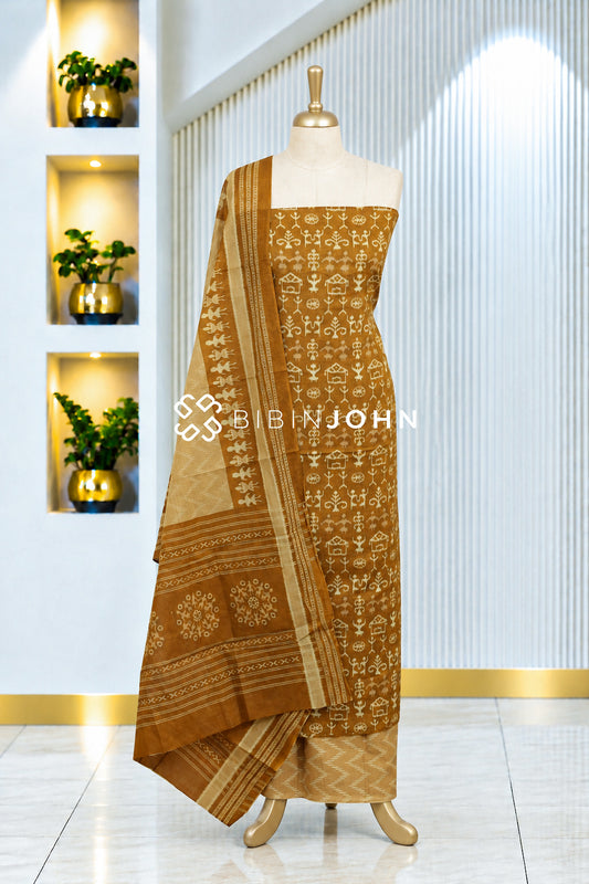 Printed Cotton Unstitched Salwar Suit Material Mustard Brown BJ2081