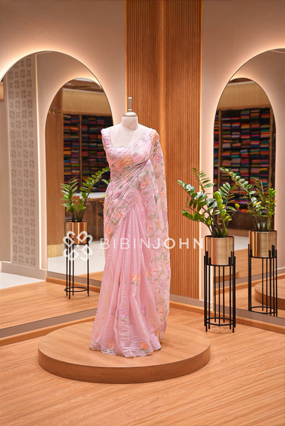 Tissue Organza Embroidery Saree Pastel Pink BJ0938