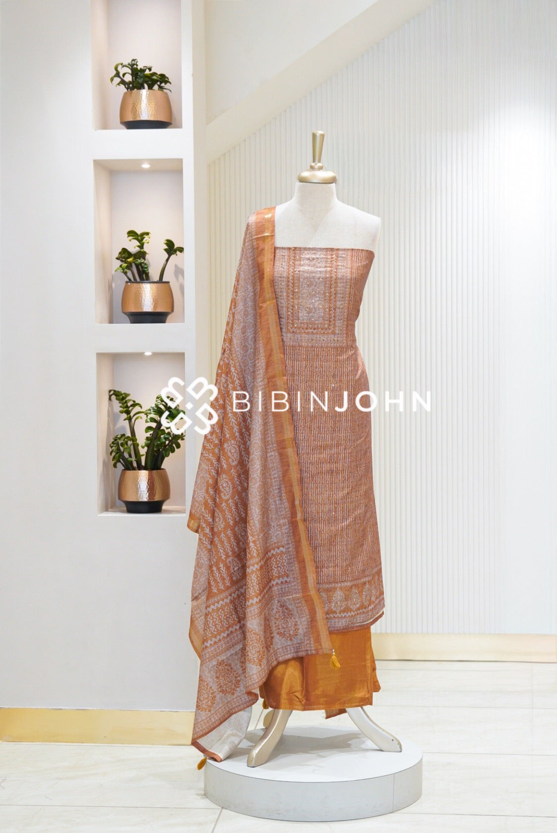 Printed Semi Silk Unstitched Salwar Suit Material Peach Orange BJ2361