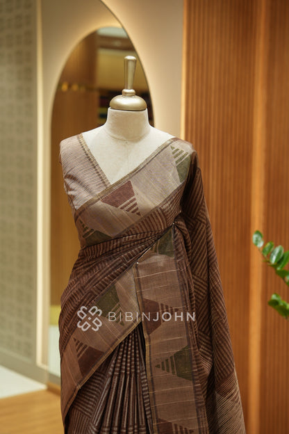 Printed Semi Tussar Saree For Women Earthy Taupe Brown BJ2458