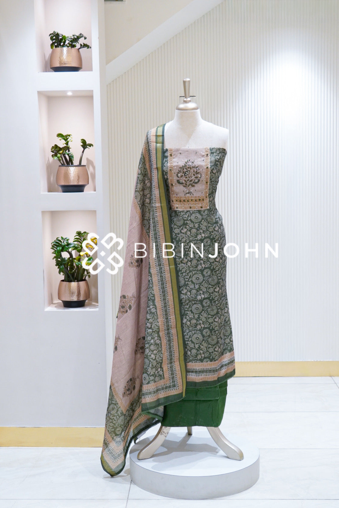 Printed Silk Embroidery Unstitched Salwar Suit Material Bottle Green BJ1705