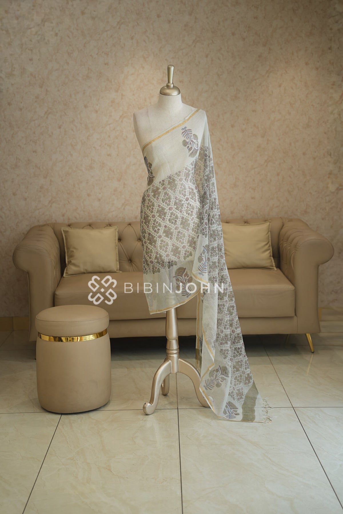 Cotton Cotta Dupatta For Women Ivory White with Sage Green BJ2395