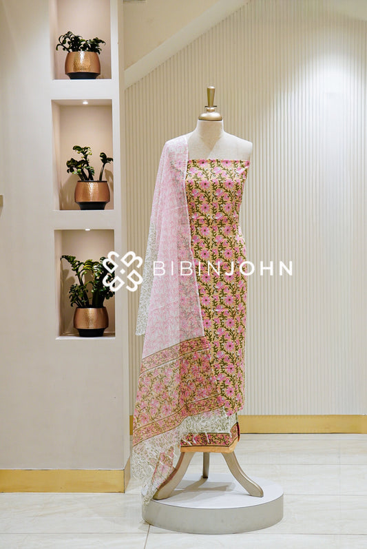 Printed Cotton Unstitched Salwar Suit Material Beige / Light Mustard BJ1126