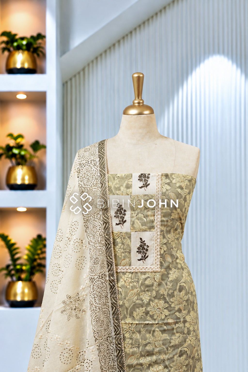 Printed Cotton Unstitched Salwar Suit Material Olive Green BJ1981