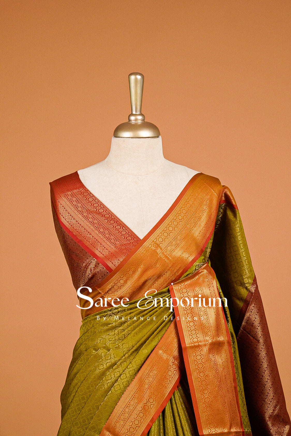 Semi Silk Brocade Saree For Women Olive Green with Rust Orange Close Up.
