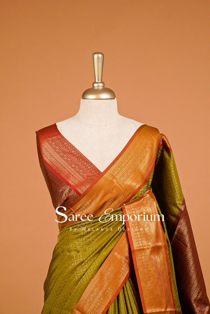Semi Silk Brocade Saree For Women Olive Green with Rust Orange Close Up.