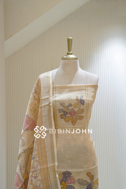 Tissue Linen Embroidery Unstitched Salwar Suit Material Cream With Golden Beige BJ2467