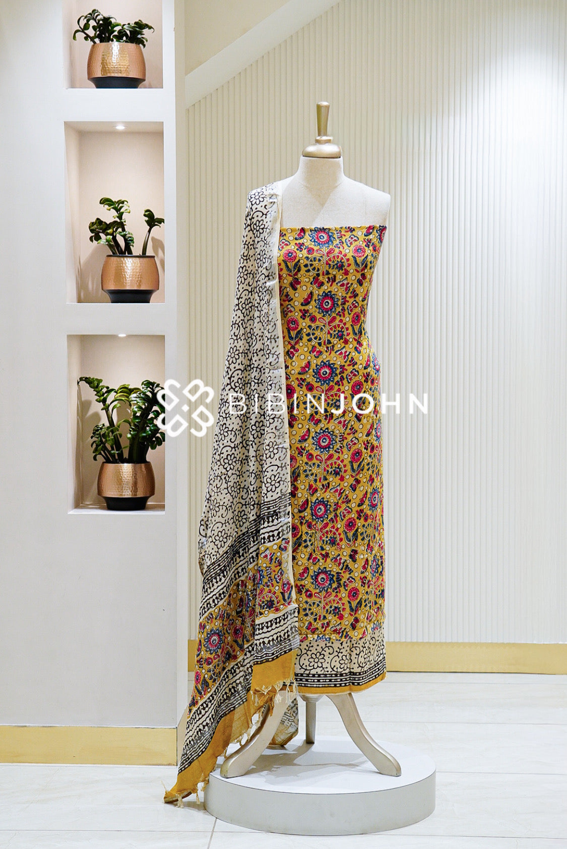 Cotton Linen Block Print Unstitched Salwar Suit Material Yellow BJ1123