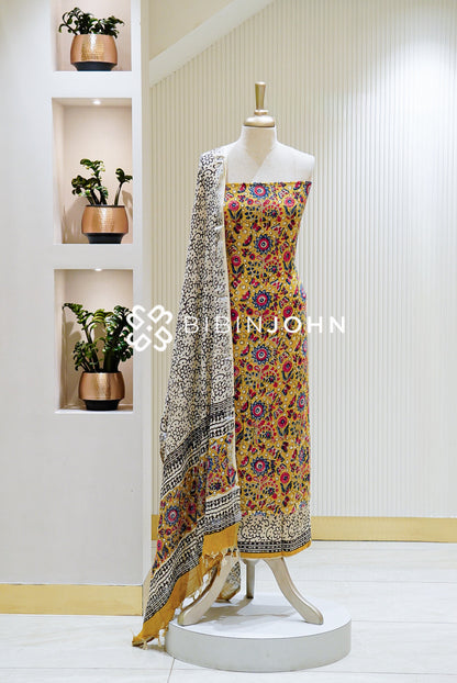 Cotton Linen Block Print Unstitched Salwar Suit Material Yellow BJ1123